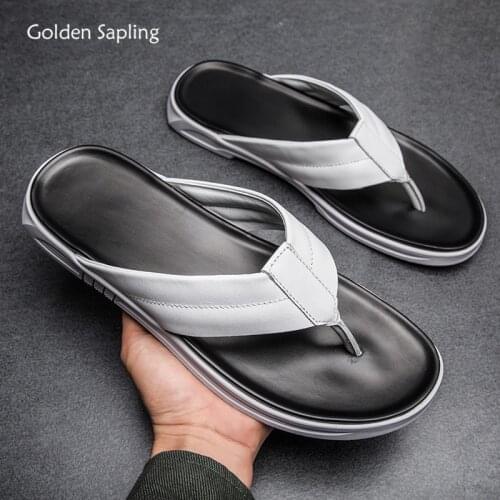 Golden Sapling Retro Mens Slippers Genuine Leather Summer Flip Flops Classics Men Casual Shoes Vintage Leisure Beach Footwear