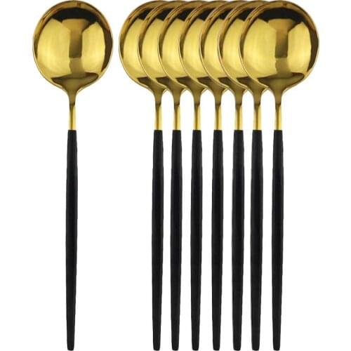 8Pcs Black Gold Dinner Spoon Stainless Steel Dinnerware Silverware Gold Tableware Kitchen Flatware Black Cutlery