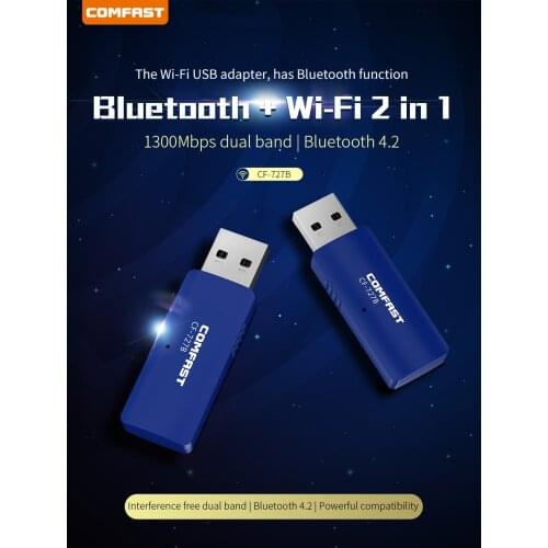USB WiFi Bluetooth 4.2 Adapter 1300Mbps Dual Band 2.4/5Ghz Wireless External Receiver Mini WiFi Dongle for PC/Laptop/Desktop