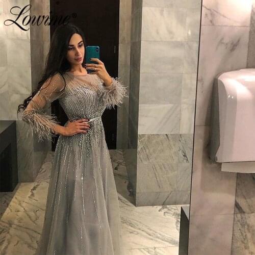 Feathers Beading Evening Dresses Formal Gowns Abiye 2020 Full Sleeves Dubai Arabic Middle East Abendkleider Prom Party Dresses
