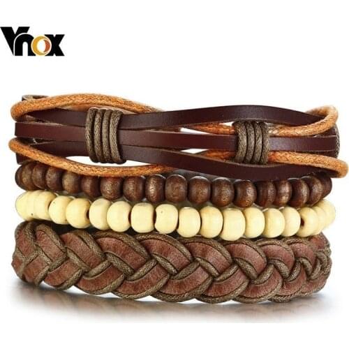 Vnox 4pcs/Set Leather Bracelets Set for Men Women Bohemia Holiday Jewelry Wooden Beads Rope Vintage Pulseira