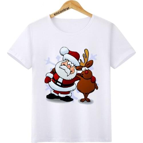 Girls Boys Funny Christmas Santa and reindeer t shirt Kid fashion Short Sleeve t-shirt Children White Tshirt Tops clothes,BAL609