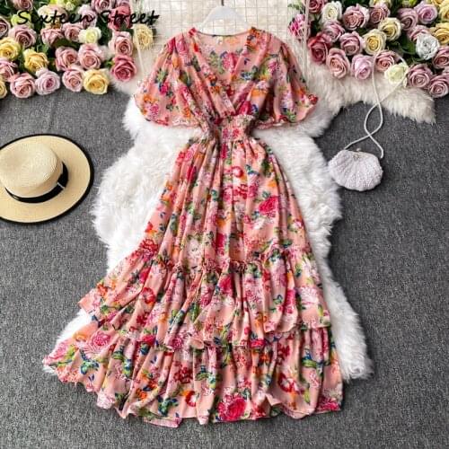 Dresses for Women Summer Flare Sleeves V Neck Vintage Flower Bohemian Y2k Vestido De Mujer Korean Clothing Women Sexy Dress 2021