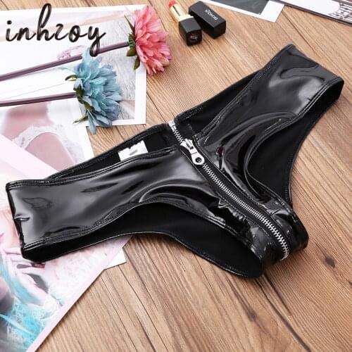 Women Zipper Crotch Wet Look Briefs Panties Underpants Black Erotic Sexy PU Leather Latex Lingerie Bikini Thongs