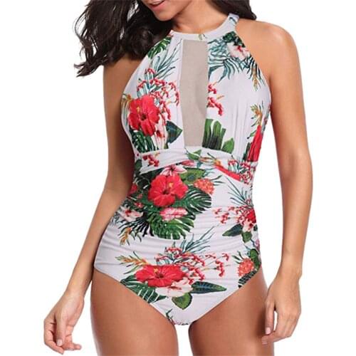Women Swimwear Flower Print Hollow Out Floral Print One Piece Swimsuit High Neck Mesh Ruched Monokini Swimming Suit For Women