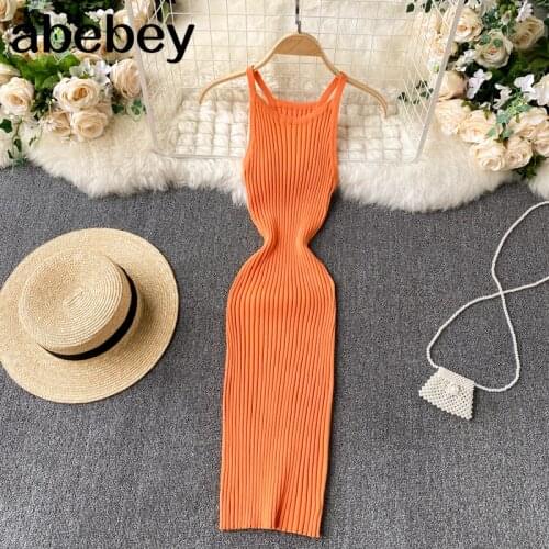 Women Sexy Knitted Pencil Dress Sleeveless Off Shoulder Elastic Slim Party Dresses Summer Fashion Sheath Strap Dress