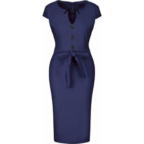 Vintage Women Slim Spring Short Sleeve Black Dress V-Neck Breasted Button Business Work Bodycon Pencil Dress SP1197