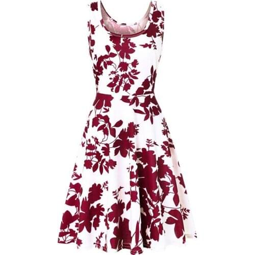 Summer Women Vintage O Neck Totem Leaves Print Pleat Female Chic Sleeveless Pullover A-line Dress