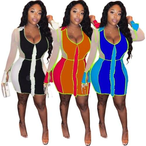 ZKYZWX Mesh Sheer Patchwork Summer Dresses for Women Sexy Night Clubwear Outfits Long Sleeve Bodycon Mini Dresses Streetwear