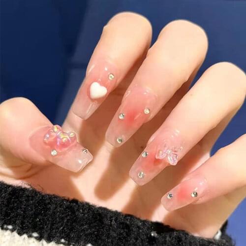 24pcs Ballet Fake Nails Glitter Coffin Head Nude Color Nail Art tips French Glitter Wearable False Nails Full Cover Detachable
