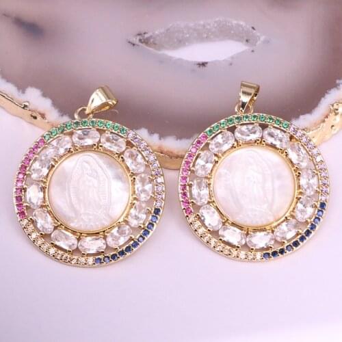 3Pcs Rainbow CZ Micro Pave Virgin Of Mary/Jesus Charm Shell Pendant for Necklace, Round Shaped Religious Charms