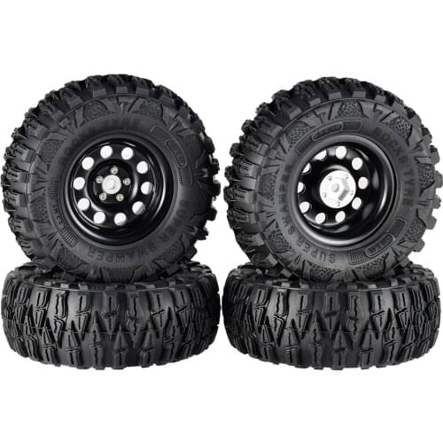 4PCS 2.2 Inch Rubber Tyres & Black Metal Beadlock Wheel Rim for 1:10 Axial SCX10 Traxxas TRX-4 RC Rock Crawler RC Car