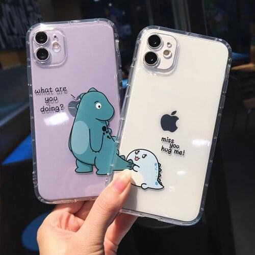 Cute Cartoon Animal Dinosaur Couple Case for IPhone 12 11 Pro Max X XS XR 7 8 Plus 12 Mini 10 Transparent Shockproof Cover Coque