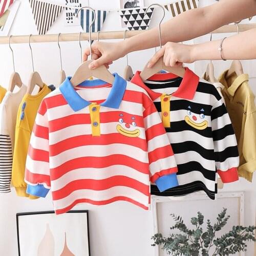 BOYS Baby Cartoon Fold-down Collar Stripes Long-sleeved Sweater Children Casual Piece T-shirt Versatile Childrenswear a Generat