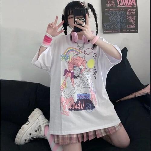 Kawaii Harajuku Casual Oversized T-shirt Top Females basic summer Tee shirts 2021 Short Sleeve Streetwear Tops shirt y2k girls