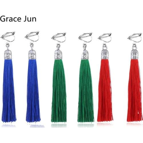 GRACE JUN Hot Sale Long Style Tassel Clip on Earrings No Pierced for Women Luxury Fashion Bohemain Ethic Charm Jewelry Ear Clip