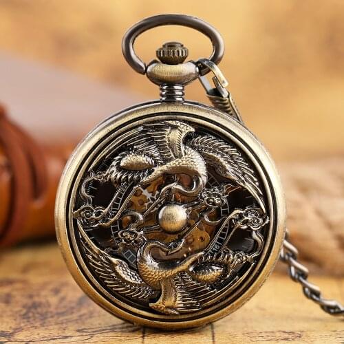 Copper Automatic Mechanical Phoenix Transparent Skeleton Pocket Watch Men Retro Carving Birld Pendant 30cm Fob Chain Clock Gift