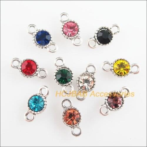Fashion 20Pcs New Tiny Circle Charms Tibetan Silver Tone Retro Mixed Crystal Connectors 7x13.5mm