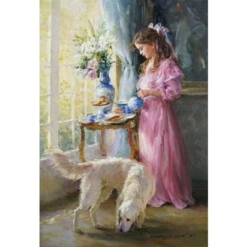 Girl and Dog Cross Stitch Kits Oil Painting Needlework Embroidery Crafts 14ct Unprinted DIY Arts Handmade Home Decor