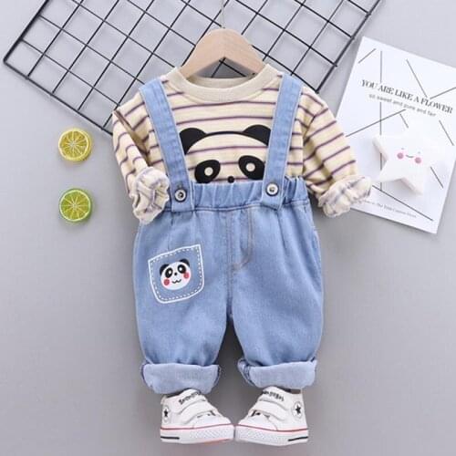 Baby Children Spring Autumn Active Denim Jumpsuit Set Toddler Striped Long Sleeve Top + Overalls Casual Suit For Boy Girl Outfit