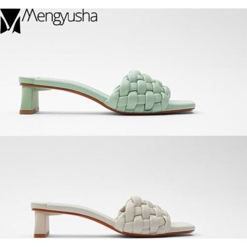 Weaving cut-out open toe women sandals sewing strange high heels slippers anti-skid comfy knitted square toe sandalias mujer2020