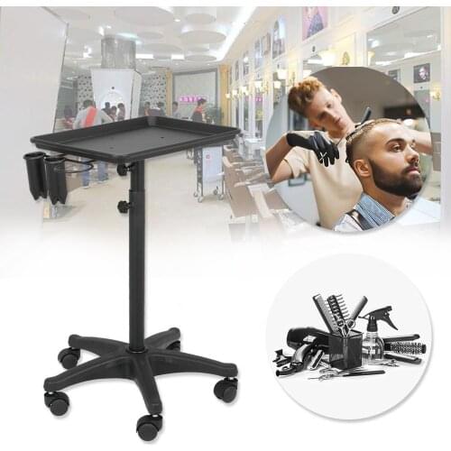 Adjustable Height Salon Hairdresser Barber Hair Beauty Portable Adjustable Black Trolley Cart Spa Cart w/ 2 Tool Holders