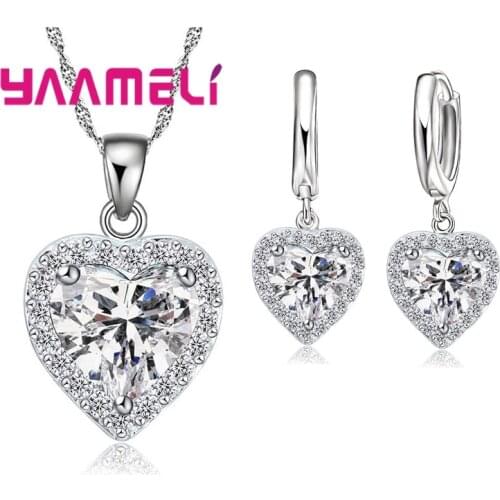 Fine 925 Sterling Silver Jewelry Set for Women Bridal Wedding Heart Austrian Crystal Necklaces Earrings Set Valentine Day