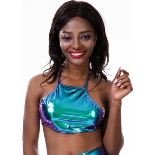 Sexy Shiny Lace-up Bra Top Halter Sleeveless Cross Back Metallic Laser Crop Top Women Club Cami Top Dance Festival Outfits