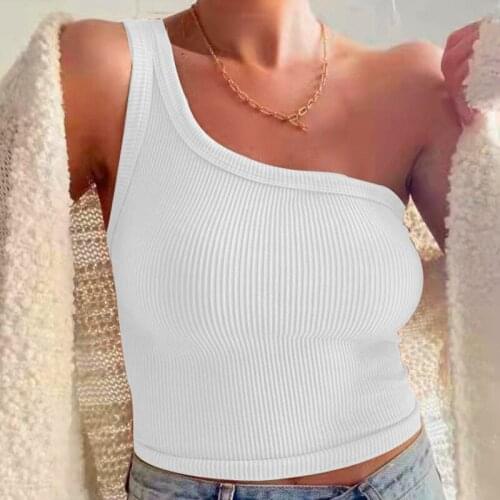 Ribbed Knitted Tank Top Summer Women Sexy One Shoulder Backless Sleeveless White Bustier Crop Top Woman Casual Basic Black Tops