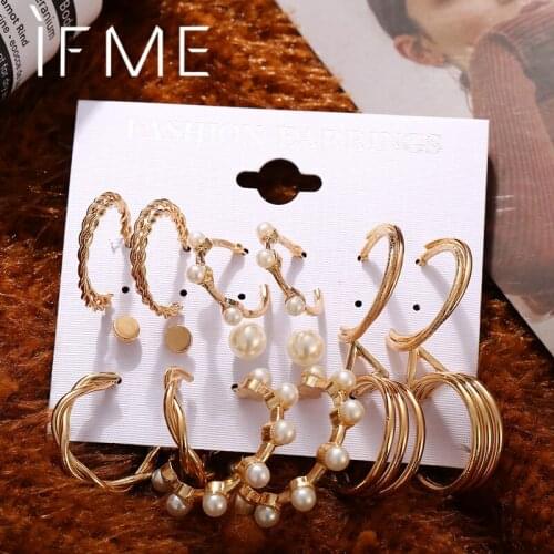 IF ME 9 Pairs/Set Round Circle Pearl Hoop Earrings Set for Women Lady Charms Gold Geometric Earrings Set Brincos Jewelry 2021