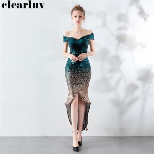 High Low Evening Dresses Sequins Party Dresses for Women DX288-1 Plus Size Robe De Soiree 2020 Sexy Stylish Boat Neck Prom Gowns