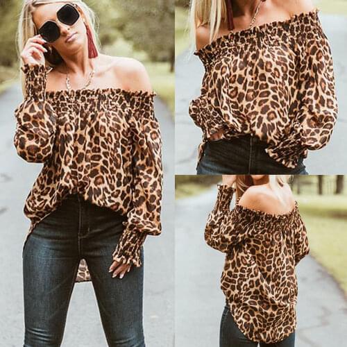 New Fashion Womens Off Shoulder Blouse Sexy Leopard Print Long Lantem Sleeve Blouse Ladies Tops And Individualized Shirt