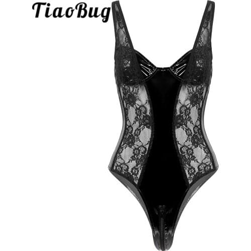 TiaoBug Women Black Patent Leather Lace Patchwork Deep V Neck Sexy Bodysuit Rave Clubwear Stage Performance Pole Dance Costume
