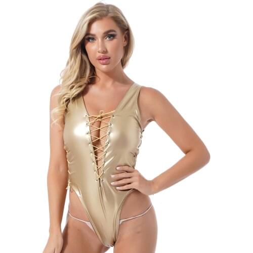 Women Solid Color Glossy Hallow Out Catsuit Bodysuit Sleeveless Lace-up Lingerie Jumpsuits High Cut Slim Fit Leotard Teddies