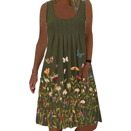 Women Dress Floral Print Loose Summer Round Neck Sleeveless Dress for Beach Casual Womens Clothing 2021 Grey xxxl vestidos