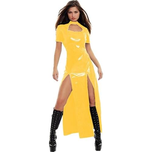 Women Dress Open Fork Split PVC Leather Long Dress for Female Summer Soild Color Clothing Short Sleeve Dress Boho Party Dress