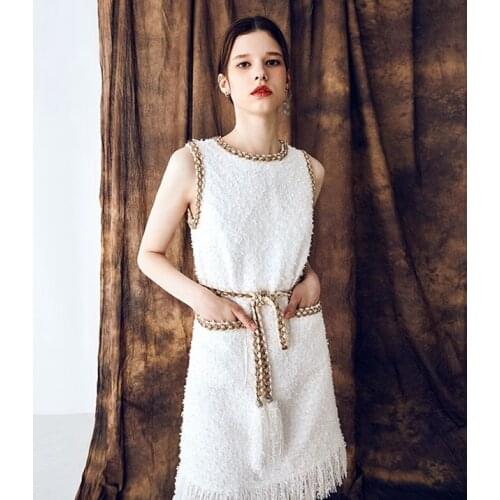 Tweed Dress Women Wool Elegant Autumn Winter 2020 Runway High Quality Sleeveless O Neck Tassel Pockets Design Slim White Dresses