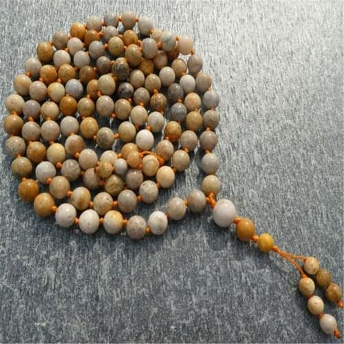 6mm Fossil Coral 108 Beads Gemstone Tassel Mala Necklace Lucky Wrist Yoga Buddhism Elegant Meditation Cuff Wristband Chic