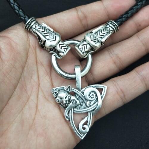 Men Large Viking Fox Wolf Head Pendant Irish Celtic Knot Pendant Amulet Necklace Jewelry