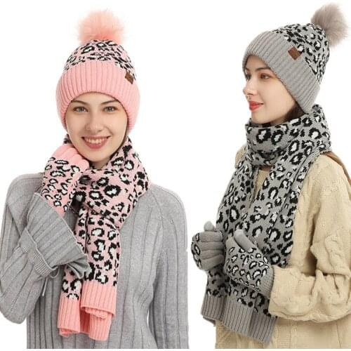 Three-piece Womens Glove Knitted Hats Scarf Gloves Set Hat PomPon Winter Warm Mitten Cap Beanie Sets Caps Fashion Soft Autumn