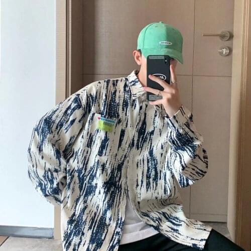 Korean tie-dye shirt mens long-sleeved autumn loose retro Hong Kong-style vintage shirt ins trendy handsome couple tops
