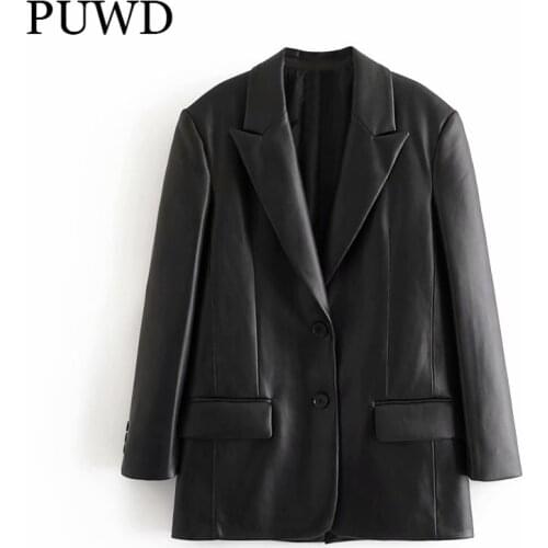 PUWD Vintage Women V Neck Long PU Faux Leather Jackets 2021 Autumn Fashion Ladies Black Streetwear Coat Female Chic Outwear
