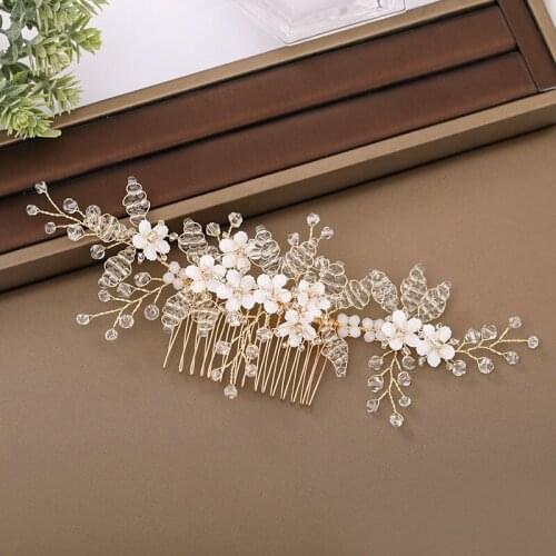 Fashion Women Hair Jewelry Handmade Headband Flower Rhinestones Gold Color Hair Combs Bride Wedding Jewelry Hair Accessories VL