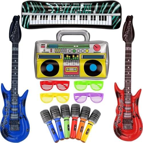10 pcs Inflatable Rock Star Toy Set Inflatable Guitar Piano Props Concert Theme 80s Party Decorations Favors Random Color