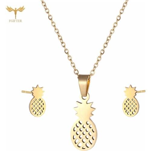 Stainless Steel Jewelry Set Pineapple Pendant Sweet Girl Necklace Stud Earrings Womens Accessories