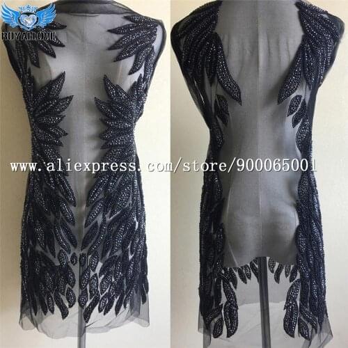 One Set Luxury rhinestone beaded applique Full Bodice Applique Fabric Stunning Large Black Heavy Beaded Trim crystal bodice trim