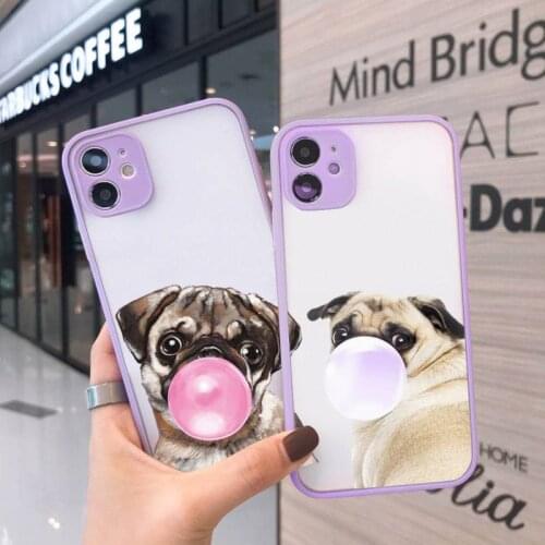 Cute dog puppy Pug Bulldog Phone Cases Matte transparent For Purple iPhone 12 Mini 11 Pro XR XS Max 7 8 Plus X Back Cover