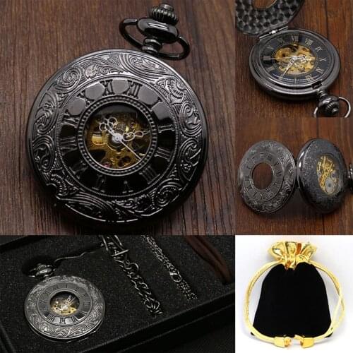 Luxury Hollow Caving Pocket Watch Set Vintage Black Full Hunter Design Mechanical Clock Necklace Pendant Clock Gift Bag Box
