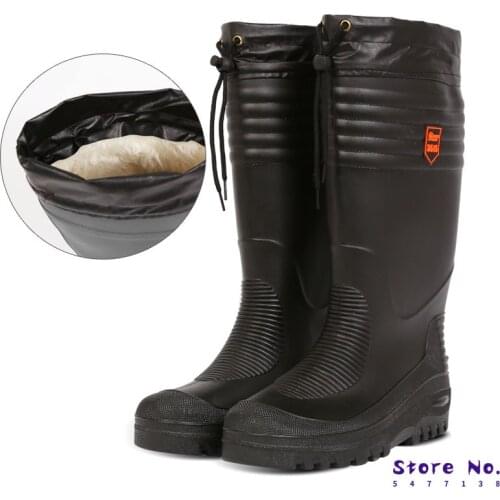Black High Fishing Boots Men Water Shoes Rain Boots With Fur Winter High Boot Cotton Padded Boots Waterproof