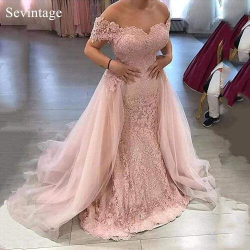 Sevintage 2 Pieces Mermaid Lace Evening Dresses Detachable Train Appliques Long Prom Gowns Custom Made Special Occasion Dresses